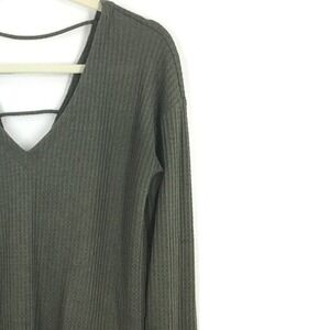 Express Y2K Olive Green Waffle Knit V-Neck Long Sleeve Top Strappy Ladder Back S